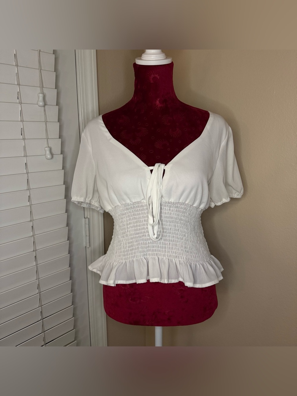 Fashion Nova White Smocked Tie-Front Peplum Top
